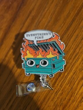 Cute Dumpster Fire Enamel Badge Reel - "Everything's Fine"